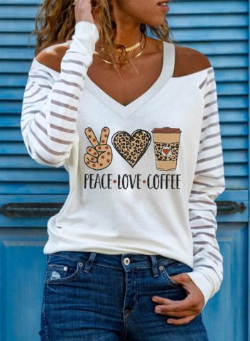 Women's Pullovers Striped Letter Long Sleeve V Neck Casual Cold Shoulder Pullover