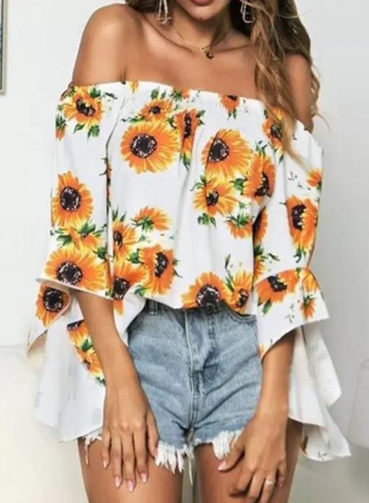 Women's Blouses Sunflower Ruffle Off Shoulder Blouse