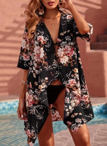 Women's Cover-ups Floral Half Sleeve V Neck Open Front Beach Tunic Cover-up