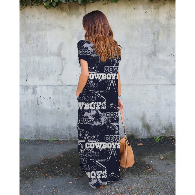 V-neck Cowboys Print Short-Sleeved Loose Long Dress