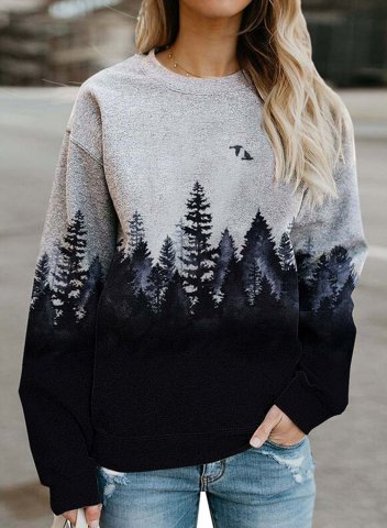 Women's Mountain Landscape Treetop Printed Sweatshirt Casual Long Sleeve Color Block Round Neck Basic Pullovers