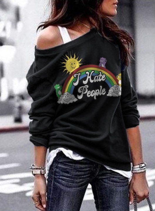 Rainbow Slogan Casual Off Shoulder Sweatshirt