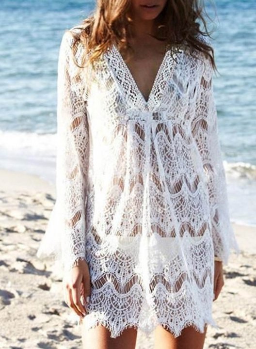 Women's Smocks Lace Solid Long Sleeve A-line V Neck Beach Smock