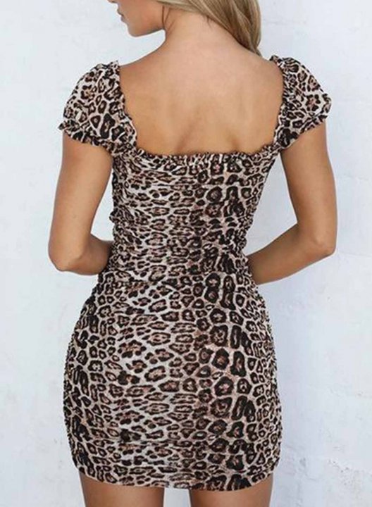 Women's Mini Dresses Leopard Short Sleeve Bodycon Square Neck Date Drawstring Dress