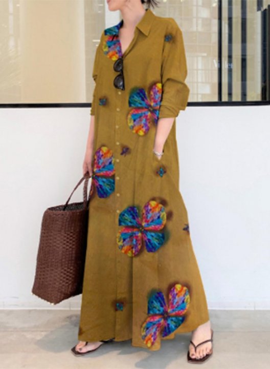 Women's Maxi Dresses Floral Long Sleeve Fit & Flare Turn Down Collar Casual Vintage Maxi Dress