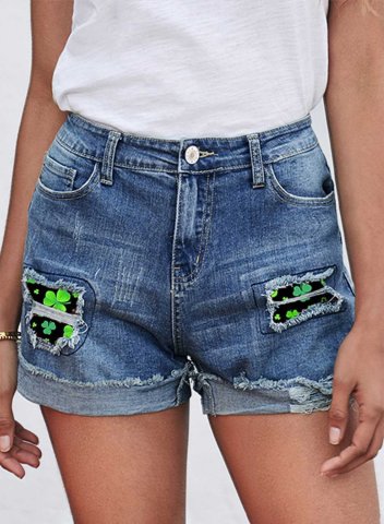 Women's Jeans Pocket Cut-out Slim Clover-print Mid Waist Daily Short Jeans