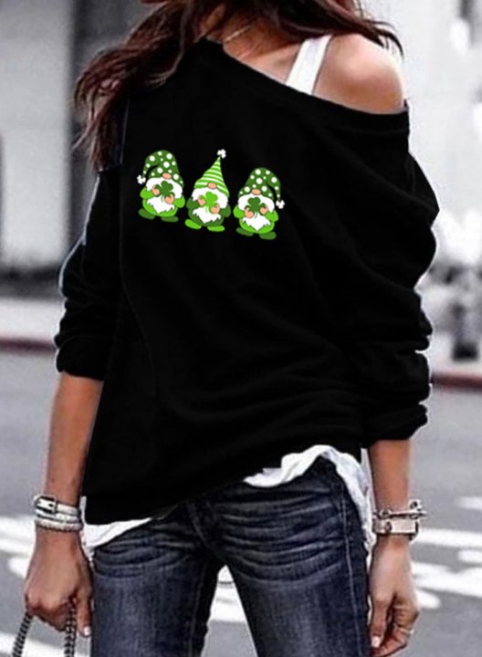 Women's Gnome St Patricks Day Sweatshirt Print Long Sleeve Cold Shoulder Pullover