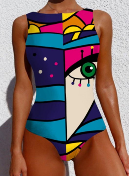 Women's One Piece Swimwear Geometric Round Neck Vintage Sporty One-Piece Swimsuits One-Piece Bathing Suits