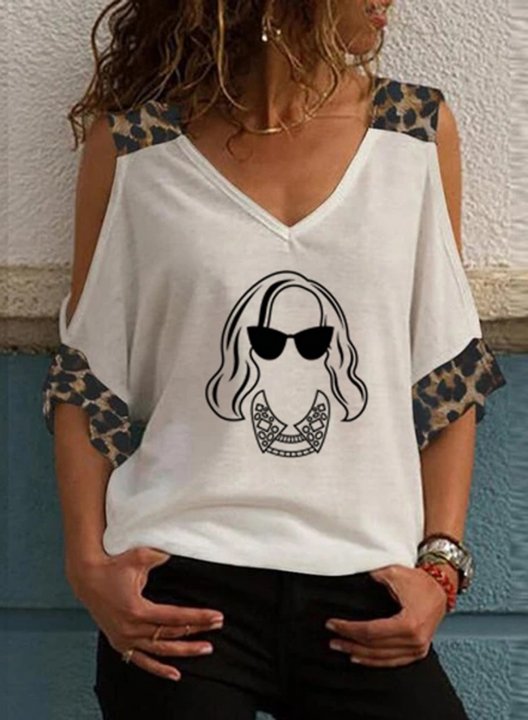 Women's T-shirts Leopard Color Block Portrait Print Short Sleeve V Neck Daily T-shirt