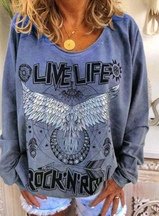 Solid Round Neck Long Sleeve Letter Print Sweatshirt