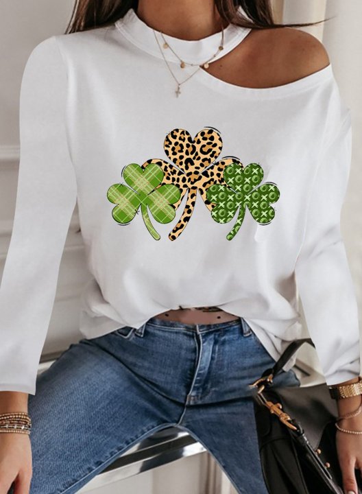 Women's St.Patrick's Day Shamrock Print T-shirts Cold Shoulder Crew Neck Leopard Plaid Festival Long Sleeve Casual Daily T-shirts