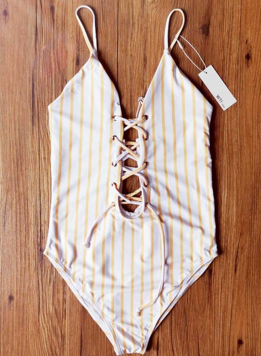 Women's One Piece Swimwear Criss Cross Knot Drawstring Striped V Neck One-Piece Swimsuit