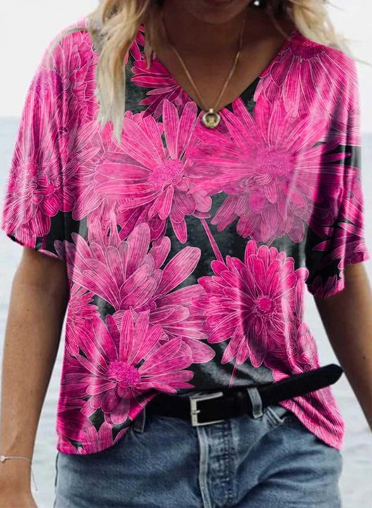 Women's T-shirts Floral Print Short Sleeve V Neck Daily T-shirt