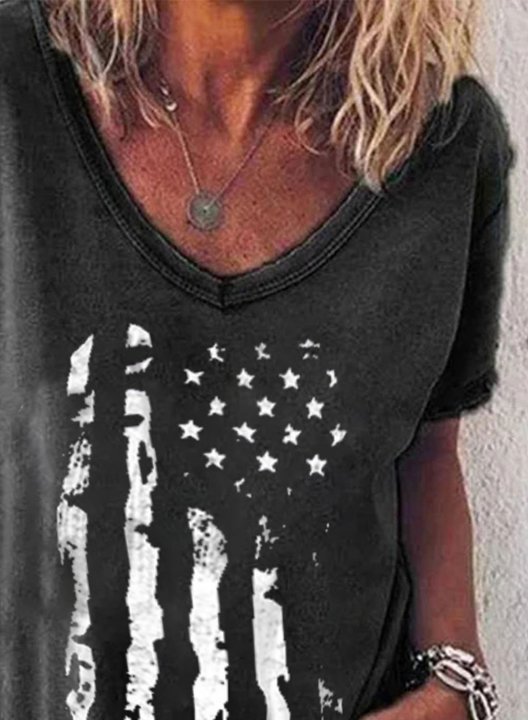 Women's American Flag T-shirts Short Sleeve V Neck Casual Daily T-shirts