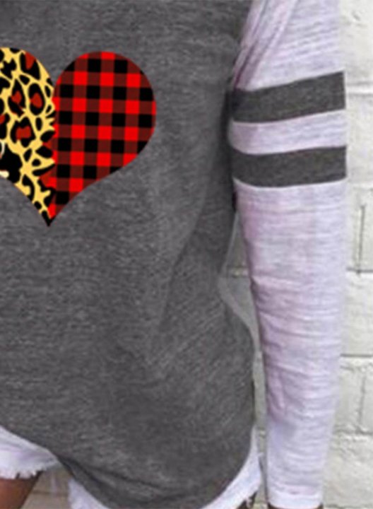 Women's T-shirts Striped Leopard Color Block Heart-shaped Print Long Sleeve Round Neck Daily T-shirt