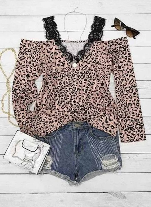 Women's Pullovers Leopard Print Long Sleeve Spaghetti Cold Shoulder Lace Pullover