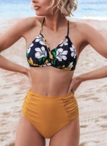 Women's Bikinis Floral High Waist Sleeveless V Neck Padded Adjustable Wire-free Beach Bikini Suit