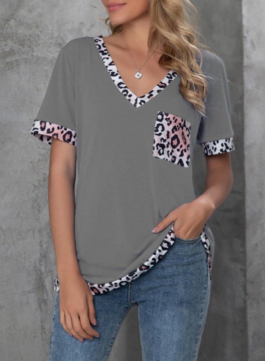 Women's T-shirts Color Block Leopard Short Sleeve V Neck Daily T-shirt