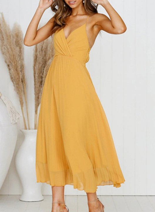 Women's Maxi Dresses Open-back Knot Fit & Flare Solid Sleeveless V Neck Daily Casual Maxi Dress