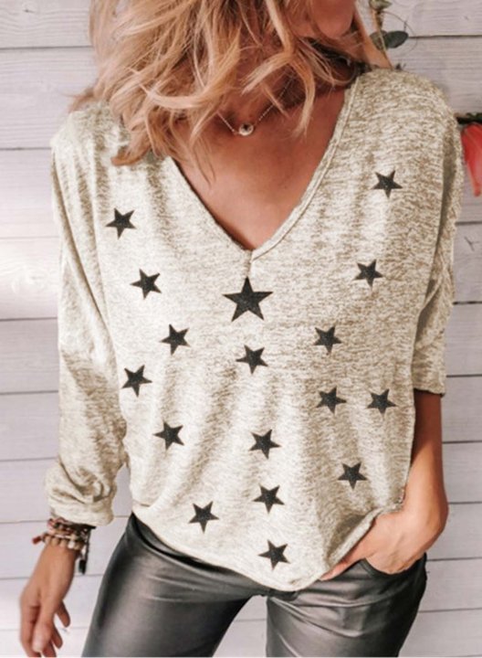 Women's T-shirts Star Print Long Sleeve V Neck Daily T-shirt