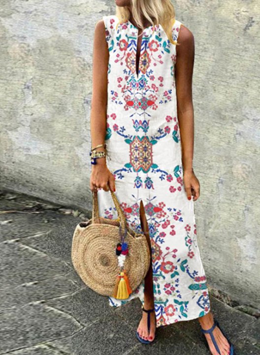 Women's Maxi Dresses Floral Sleeveless Crew Neck A-line Split Boho Maxi Dress