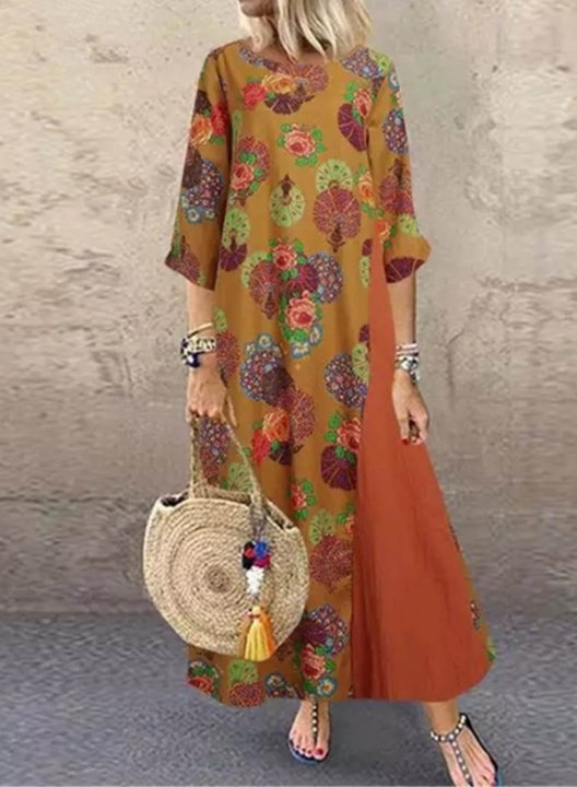 Women's Linen Maxi Dresses Floral Multicolor 3/4 Sleeve Round Neck Boho Vintage Maxi Dress