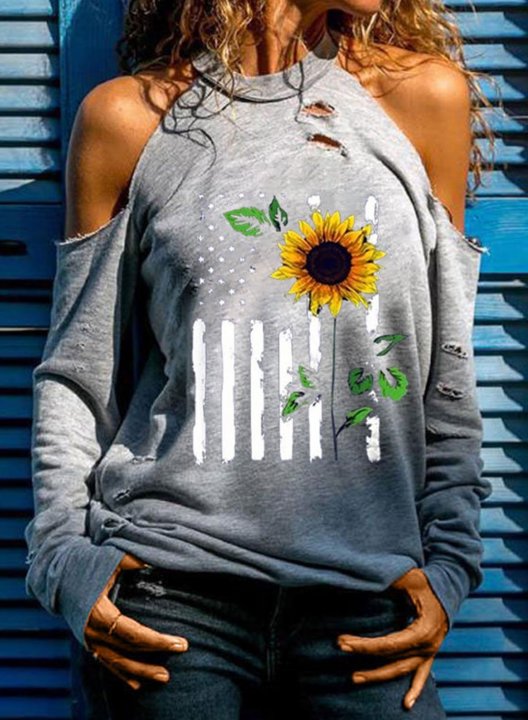 Women's T-shirts American Flag Sunflower Cold Shoulder T-shirt