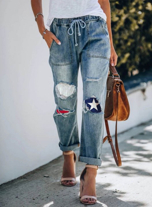 Women's Jeans Color Block Texas Flag Star High Waist Daily Pocket Jeans