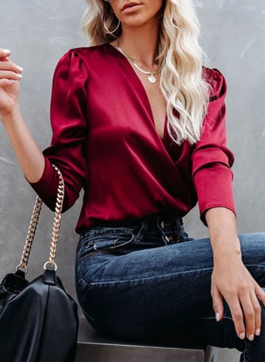Women's Shirts Solid V Neck Long Sleeve Spring Casual Daily Shirts
