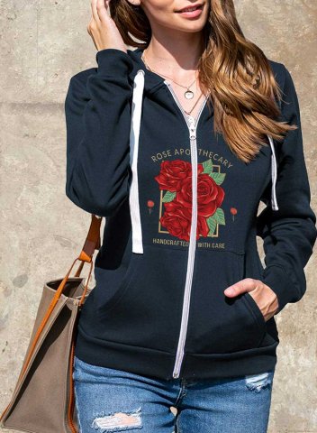 Women's Rose Apothecary Handcrafted With Care Print Full Zip Hoodie Rose Letter Print Long Sleeve Hooded Jacket