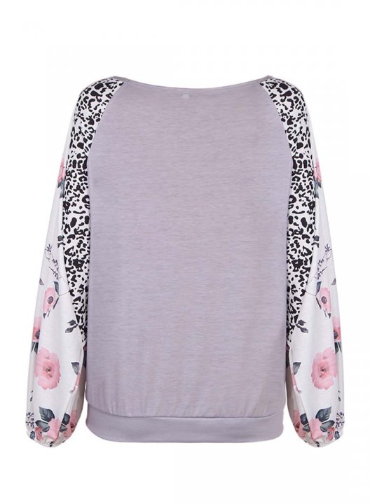 Women's T-shirts Floral Leopard Round Neck Long Sleeve Casual Daily T-shirts