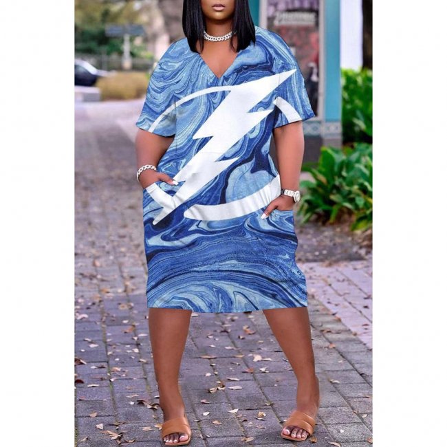 Tampa Bay Lightning Print Fashion Casual V Neck Short Sleeve Dress