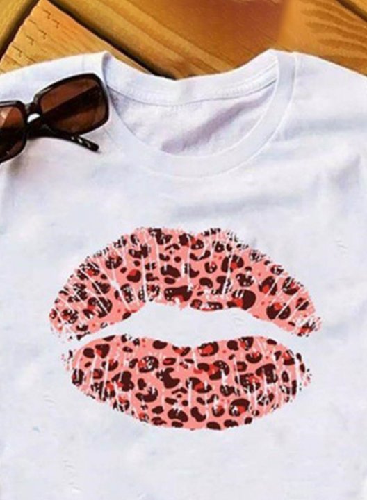 Women's T-shirts Solid Leopard Lip-Print Short Sleeve Round Neck Daily Casual T-shirt