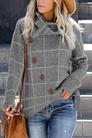 Women's Sweaters Button Wrap Turtleneck Pullover Plaid Print Knit Sweaters