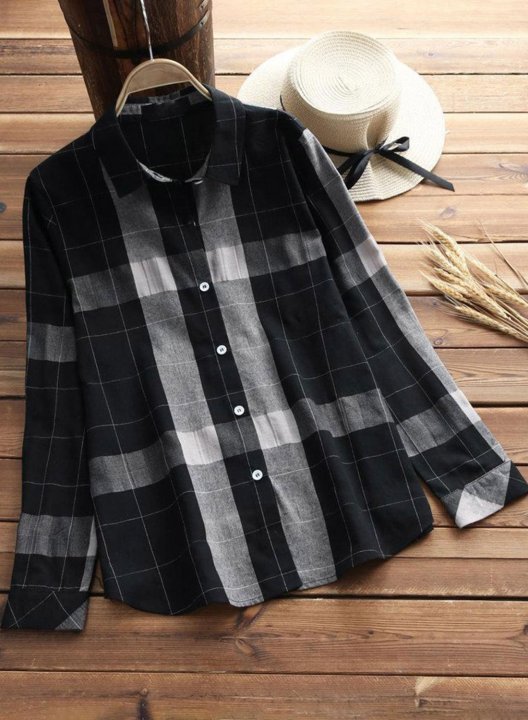 Women's Shirts Plaid Long Sleeve Turn Down Collar Office Vintage Shirt