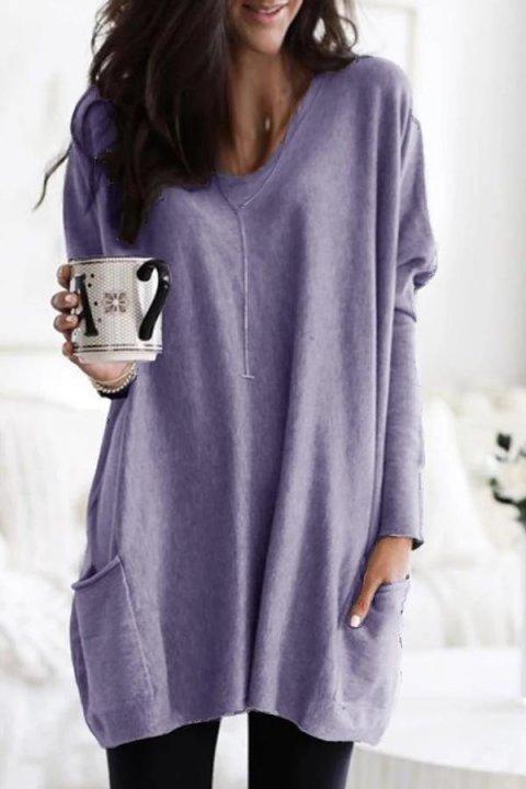 V Neck Long Sleeves Pockets Blouse