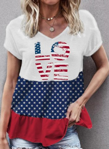 Women's T-shirts Flag Color Block Short Sleeve V Neck Daily T-shirt