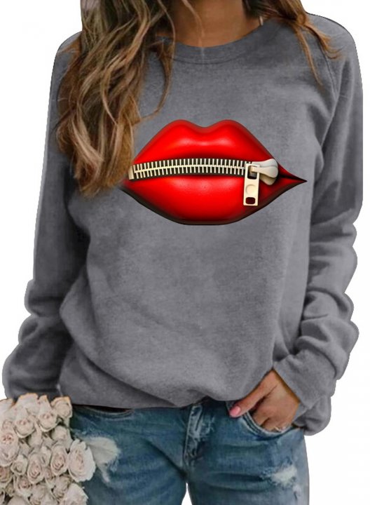 Lips Print Round Neck Long Sleeve Casual Sweatshirt