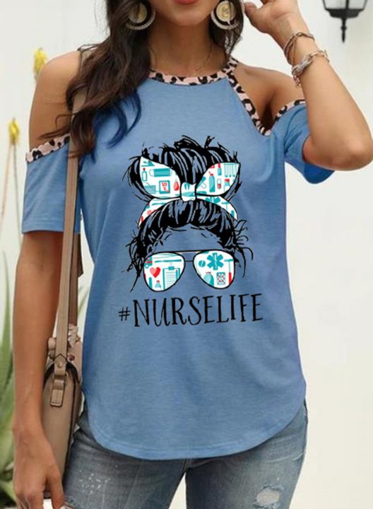 Women's T-shirts Letter Portrait Halter Cold Shoulder Short Sleeve Casual Daily T-shirts