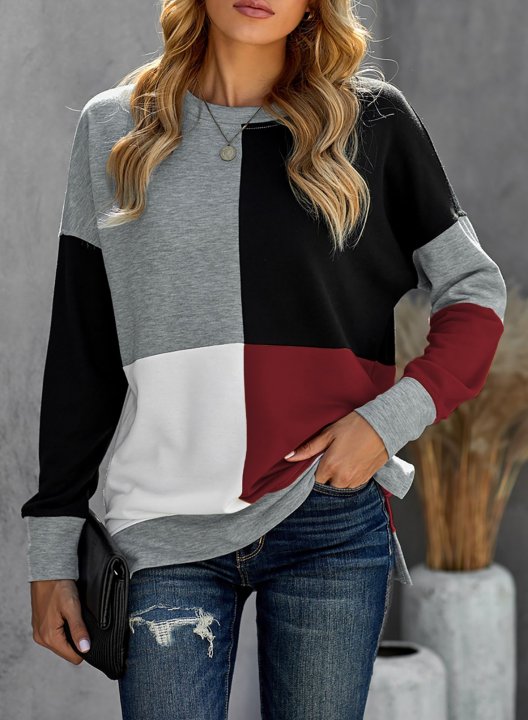 Color Block Round Neck Long Sleeves Sweatshirt