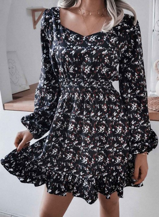 Women's Mini Dresses Floral Fashion Long Sleeve Ruffle Date Dress