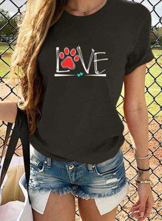 Women's T-shirts Letter Paw Heart Print Solid Round Neck Short Sleeve Daily Casual T-shirts