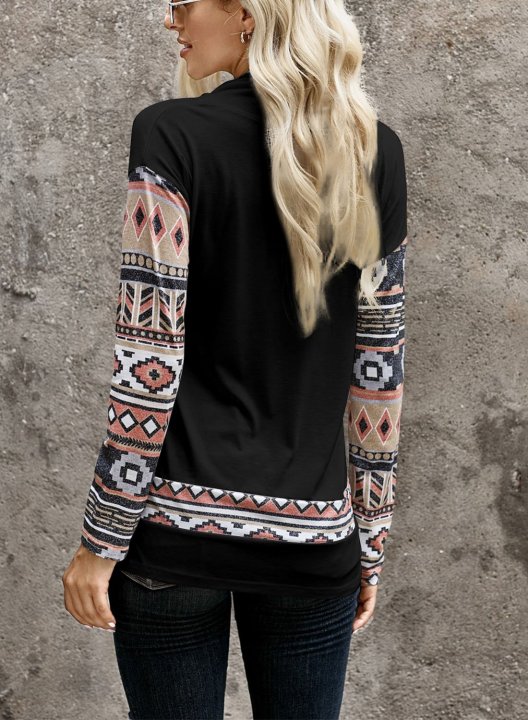 Color Block Long Sleeve Tribal Button Sweatshirt