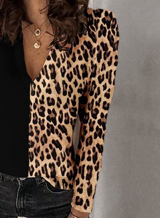 Women's Blouses Leopard Color Block Long Sleeve V Neck Daily Blouse