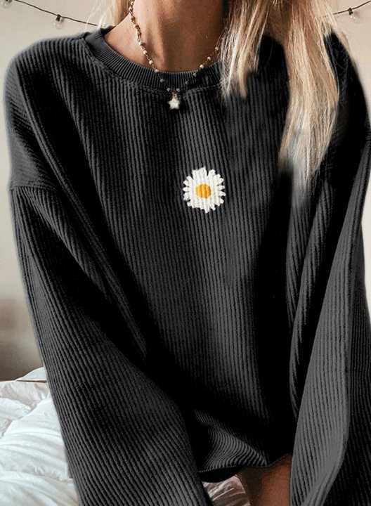 Solid Round Neck Little Daisy Long Sleeve Sweatshirt