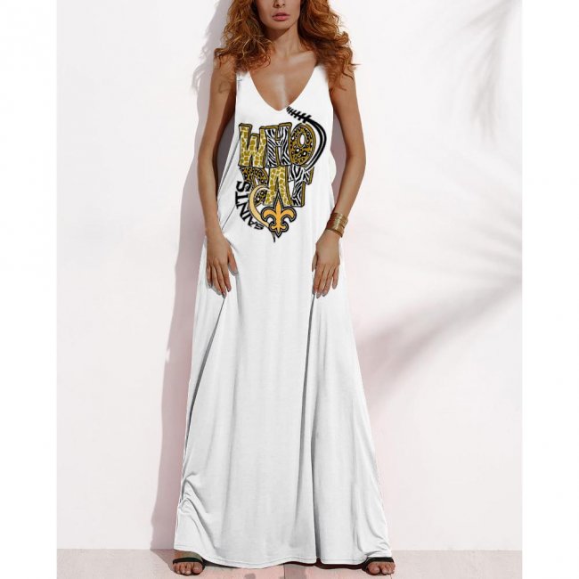 Women's Summer NEW ORLEANS SAINTS Fan Print V-neck Sleeveless Loose Long A-line Dress