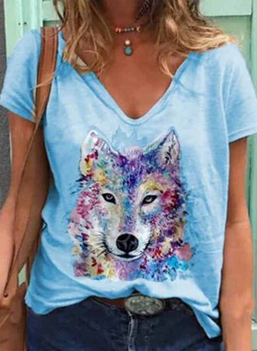 Women's T-shirts Animal Print Color Block Short Sleeve V Neck Daily T-shirt