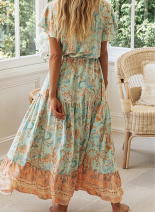 Women's Maxi Dresses Floral Short Sleeve A-line V Neck Button Belt Boho Daily Maxi Dress