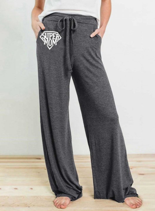 Women's Palazzo Pants Super Mom Letter Wide Leg Mid Waist Full Length Casual Palazzo Pants