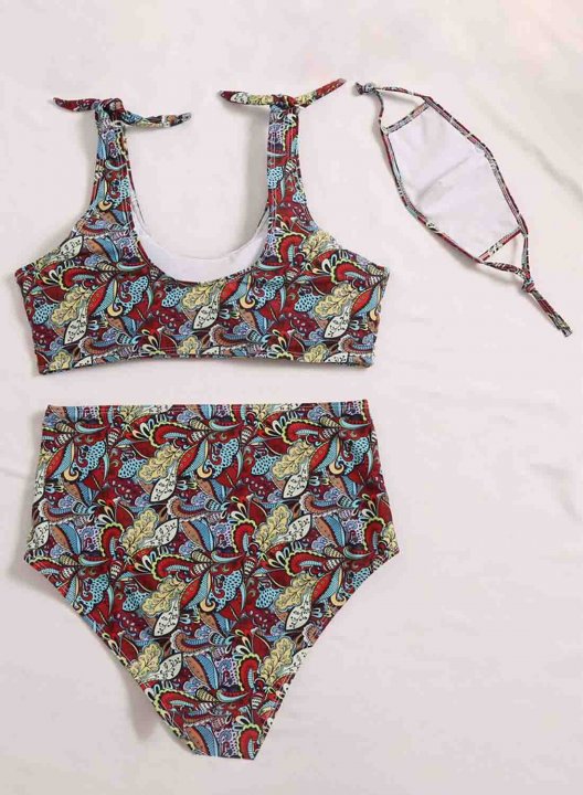 Women's Bikinis Multicolor Sleeveless U Neck Casual Boho Three-piece Bikini Sets